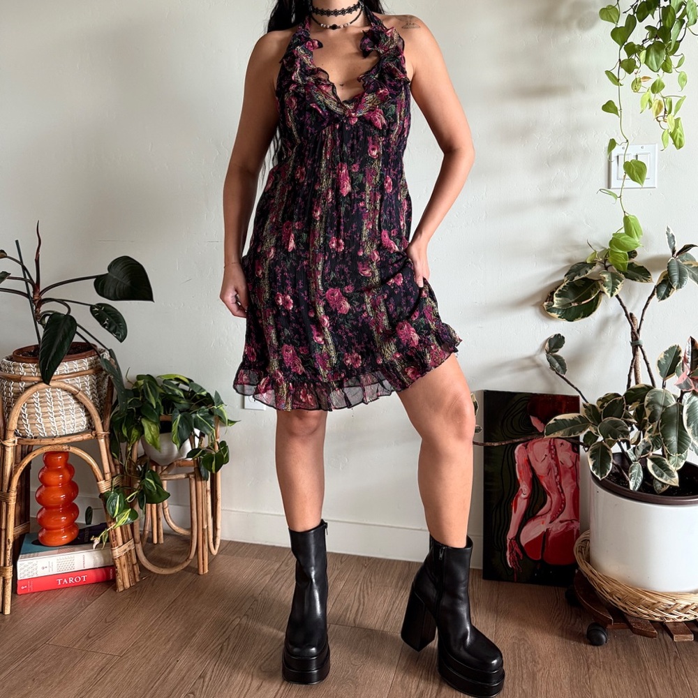 RARE vintage betsey johnson 100% silk mini dress floral ruffle dress